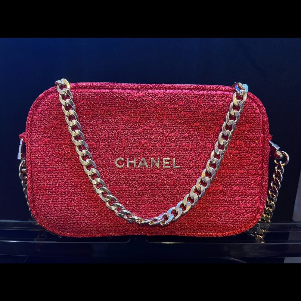 Chanel 2021 RED Holiday bag with gold chain.